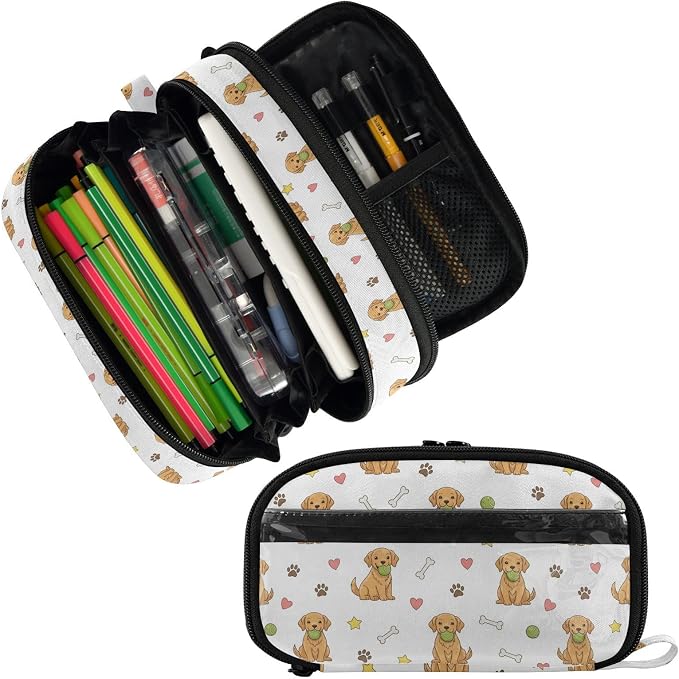 Cute Pets Dogs White print Large Capacity Pencil Case with Zipper Water Resistant Portable Organizer Pen Bag for Students School Office