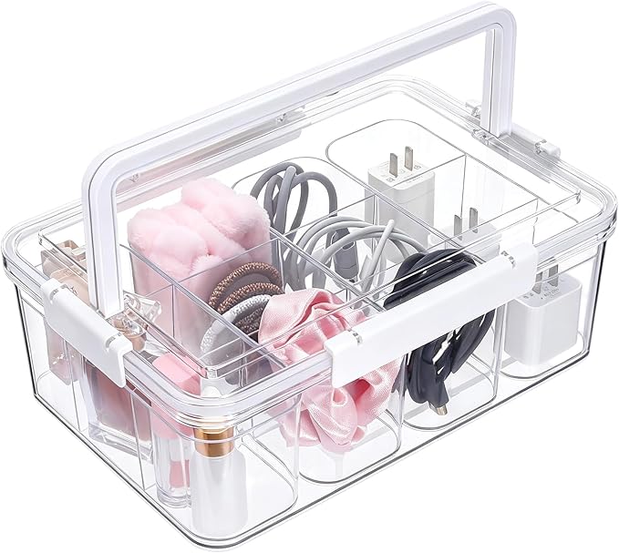 Large Cable Storage Box with Lid Clear Power Cords Organizer 4 Adjustable Dividers Case Desktop Cable Management Box for Home Office Phone Charger Art Crafts Stationery (White)