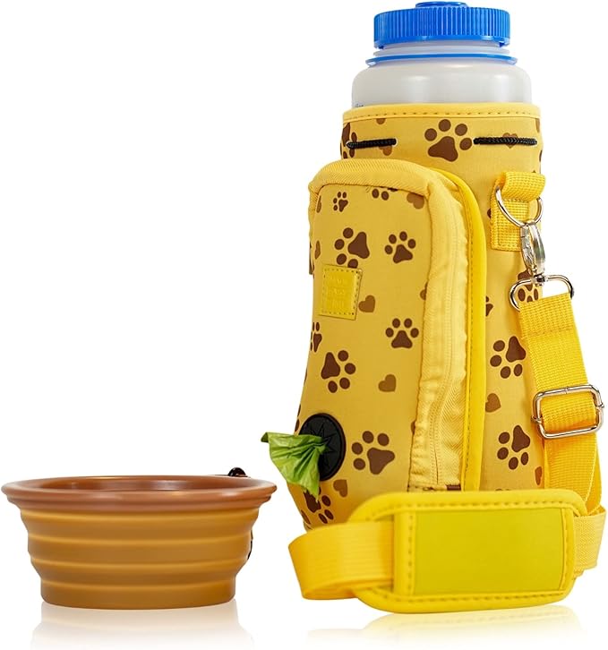 Made Easy Kit Water Bottle Carrier with Pocket for Dog Poop Waste Bags and Adjustable Padded Shoulder Strap (Tall & Large (40oz) with Bowl, Yellow, Paws & Hearts)