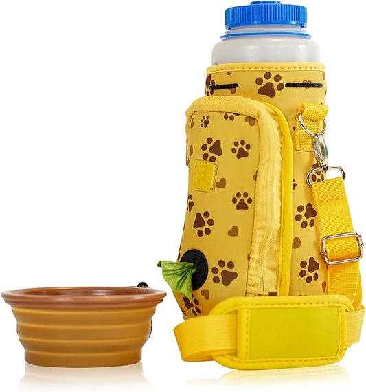 Made Easy Kit Water Bottle Carrier with Pocket for Dog Poop Waste Bags and Adjustable Padded Shoulder Strap (Tall & Large (40oz) with Bowl, Yellow, Paws & Hearts)