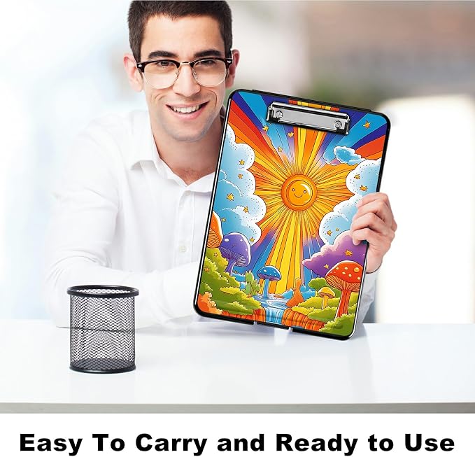 Heavy Duty Storage Clipboard, Slim Nursing Clipboard with Internal Pen Case, Portable File Organizer Case for A4 Letter Size Paper Office Medical Professionals, Sun Clouds Creek