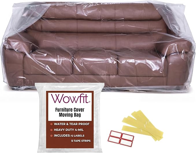 Wowfit 4mil Couch Cover for Moving, Clear Sofa Storage Bag, 92Wx42Dx62/41H | With Tape Strips & Labels, Heavy Duty, Tear-Resistant, Waterproof, Reusable, Oversized/3-Seat Sofa, Long-Term Garage Storage