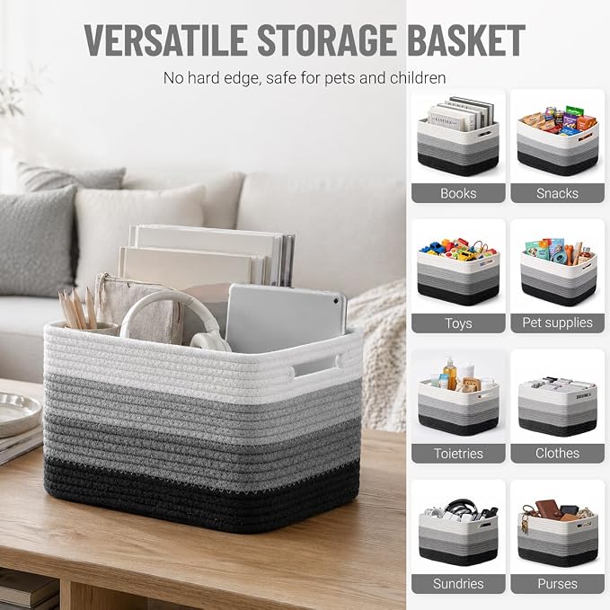 5 Pack Woven Storage Baskets, Decorative Storage Bins for Organizing | 13.8'' × 9.8'' × 7.9'', Cotton Rope Basket Organizer for Closet, Shelves, bathroom, Toys, Books, Pantry, Black/White Ombre