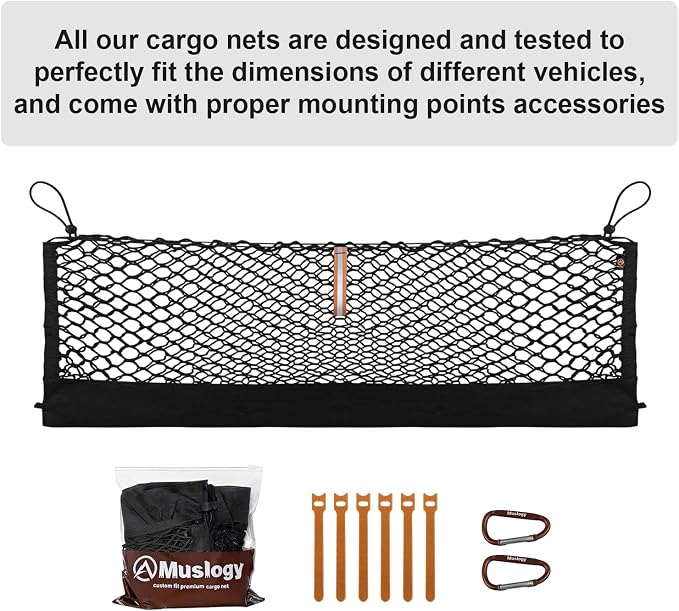 Muslogy Cargo Net for 2022-2025 2026 Jeep Grand Cherokee WL (2-Row) | Custom Fit, Trunk Storage Organizer Net for SUV Sedan Van Divider, with Heavy Duty Carabiners, Night Visible Grab Handle