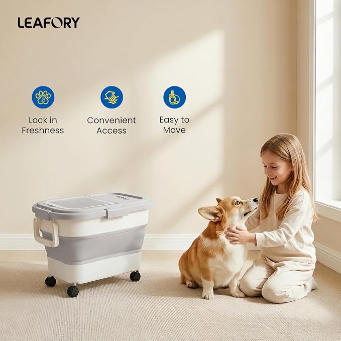 Dog Food Storage Container 15-25lbs, Airtight Pet Food Bin with Locking Lid & Clear Window, Collapsible Rolling Storage Container with Wheels & Scoop, Gray