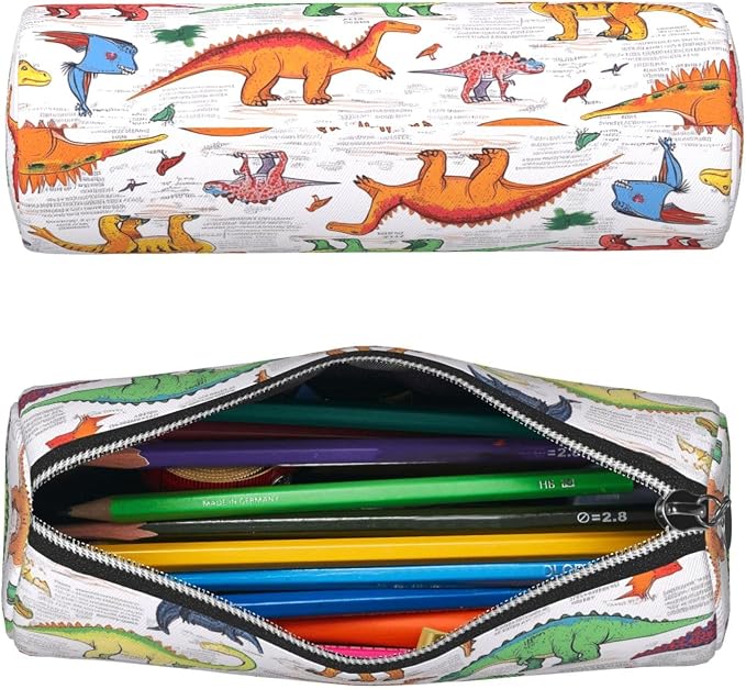 OSAM SPACE Leather Pencil Case Round Pencil Bag Dinosaurs in Various Pen Organizer Holder Portable Zipper Pouch Cute School Supplies for Girls Boys Study Office