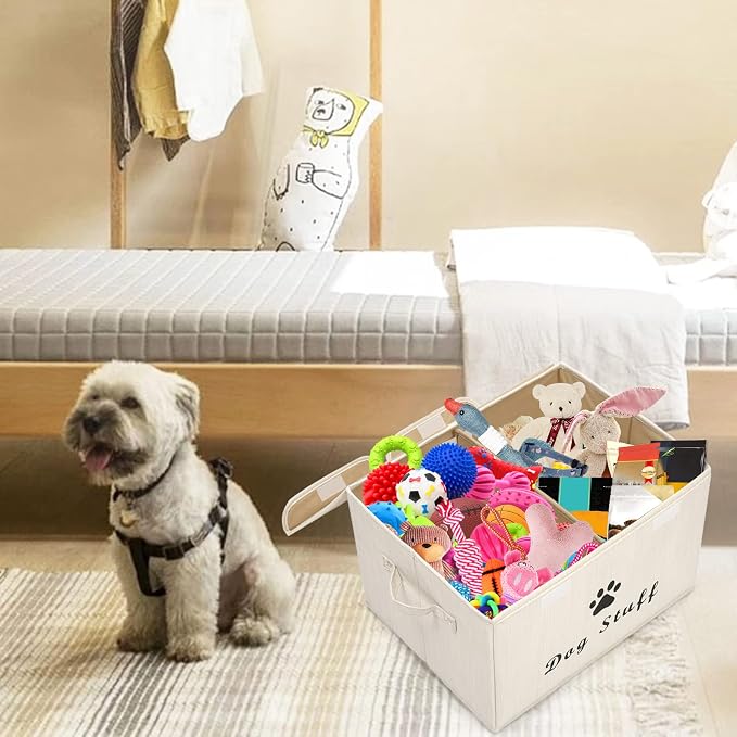Large Storage Boxes - Large Linen Fabric Foldable Storage Cubes Bin Box Containers with Lid and Handles for Dog Apparel & Accessories, Dog Toys(BambooiBeige)