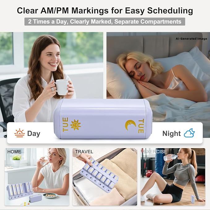 Weekly Pill Organizer 2 Times a Day, AM PM Travel Pill Organizer 7 Day for Vitamin Medicine Supplement Fish Oil, Blue Twice a Day Medicine Pill Box with a Rotatable Handle