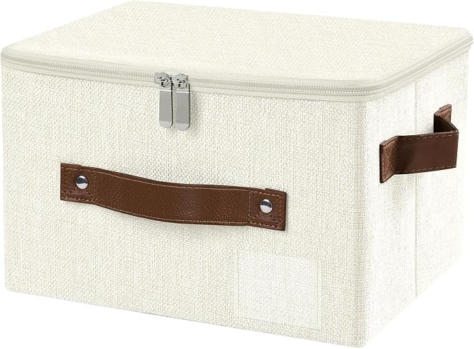 ANMINY Small Storage Box Fabric Bins with Zipper Lid, 10"x8"x7" Beige | Keepsake Box, Decorative, Cotton Linen, Reinforced PP Board Frame, Washable, Stackable & Foldable, Label Holder & PU Handles