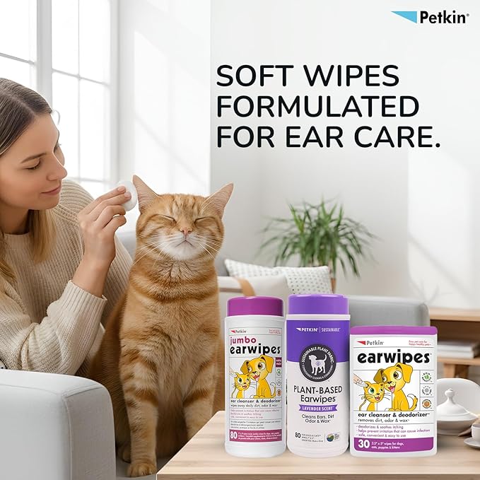 Petkin Jumbo Pet Ear Wipes, 80 Extra Moist Wipes - Soothing & Deodorizing Pet Ear Cleaner to Remove Dirt, Odor, & Wax - Safe, Convenient, & Easy to Use Pet Wipes for Dogs, Cats, Puppies & Kittens