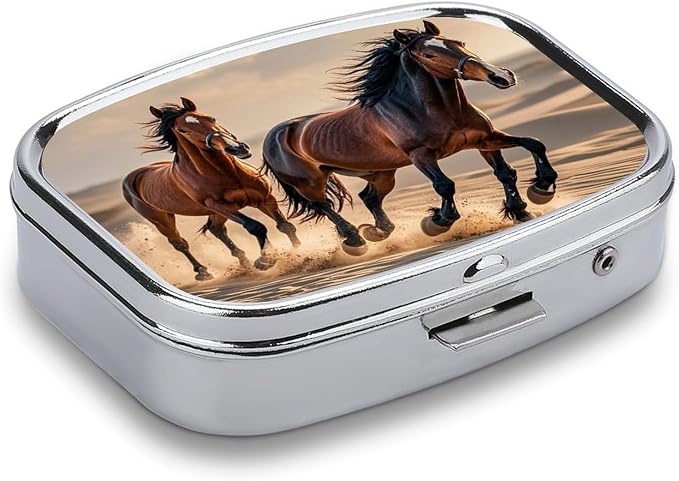 Horses Running in The Sand Pill Box 2 Compartment Medicine Pill Case Portable Pill Organizer for Pocket Or Purse Decorative Metal Medicine Vitamin Organizer