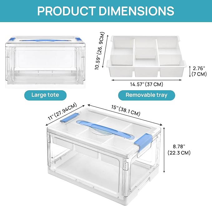 Vtopmart 24 QT Blue Clear Craft Organizer with Tray & Dividers, 1 Pack | Storage Box for Coloring Books, Modeling Clay, Molds and Art Supplies, Removable Tray for Craft Supplies Organization