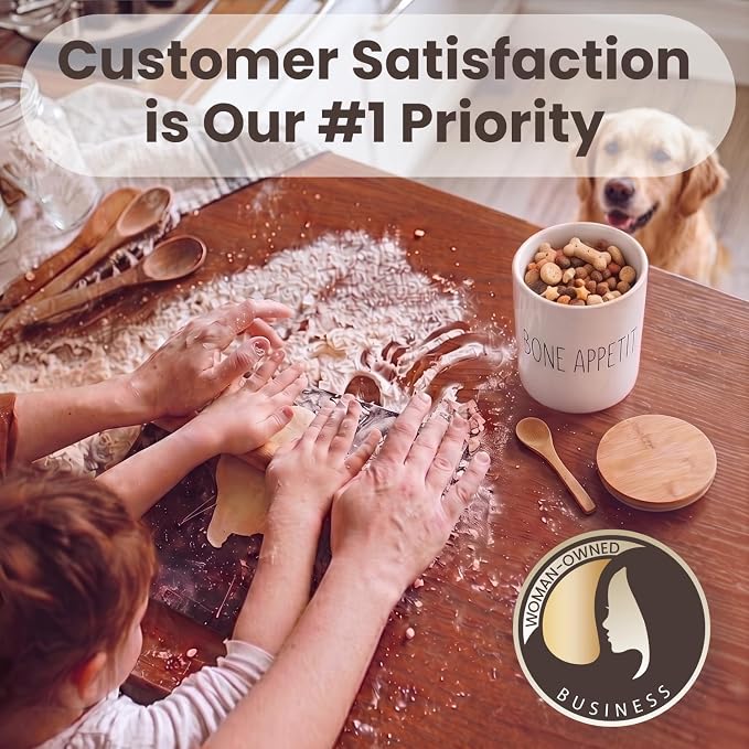 Arthausen Bone Appetite Dog Treats Ceramic Storage Jar Canister - Airtight Bamboo Lid w/Silicone Seal, Spoon - Modern Abstract Art Design for Kitchen Counter or Bathroom - 4 cup / 1080mL