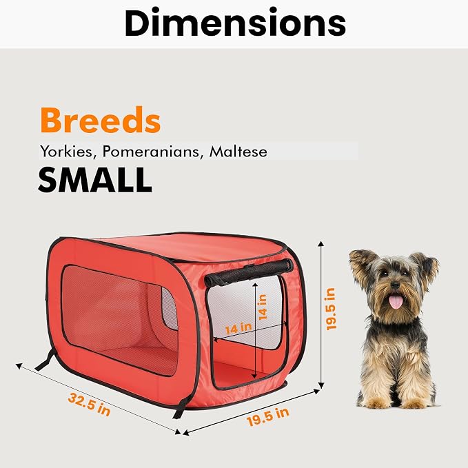 Portable Collapsible Pop Up Kennel, 32.5" L x 19.5" W x 19.5" H, Red | Collapsible indoor/outdoor travel cat and dog crate with mesh screen windows pops up and folds flat for easy storage