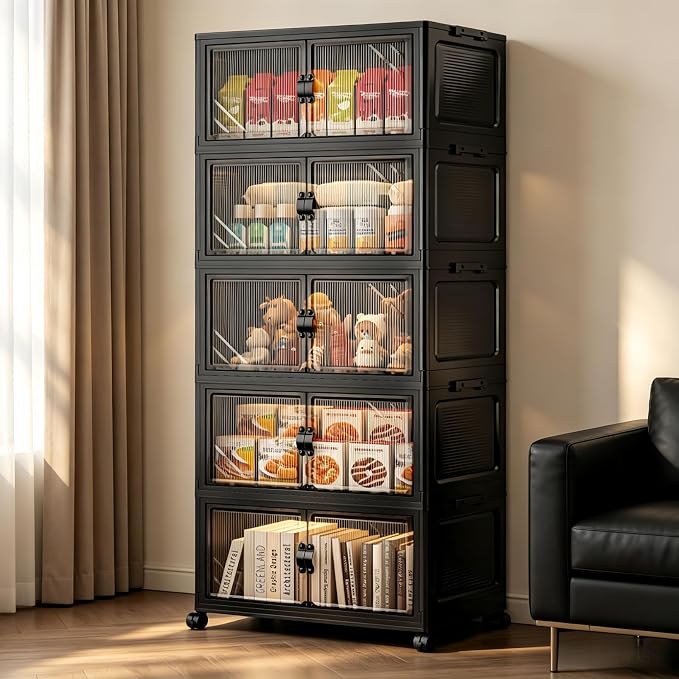 5-Tier Foldable Storage Cabinet with Wheels & Lid, 242QT Large Stackable Organizer, No Tool Required, Storage Cabinet for Garage, Home Office, Pantry, Kitchen, Dorm