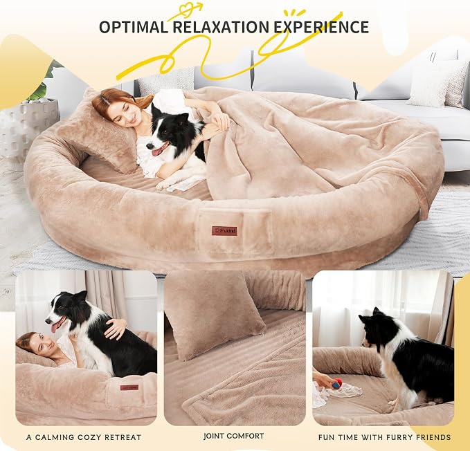 Fvkind Human Sized Dog Bed, Dog Bed for Humans, 71"x51"x12", Khaki | Human Size Dog Bed for People, Large Human Dog Bed, Blanket and Pillow, Thick Orthopedic Foam, Washable Faux Fur Cover