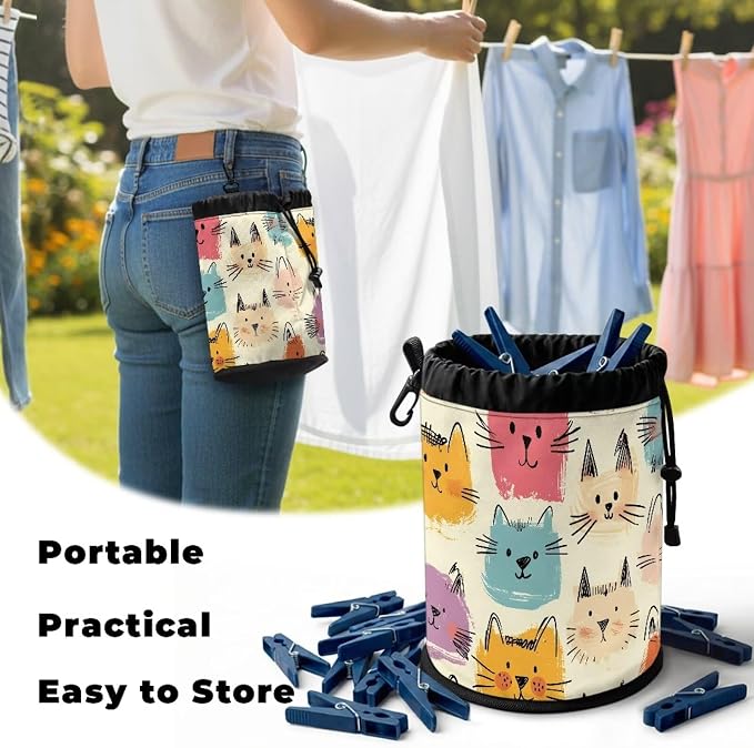 Cat Clothespin Bag for Clothesline Outdoor, Clothes Pin Bag with Drawstring Closure, Large Opening, Large-Capacity Clothespin Storage Organizer with Hooks