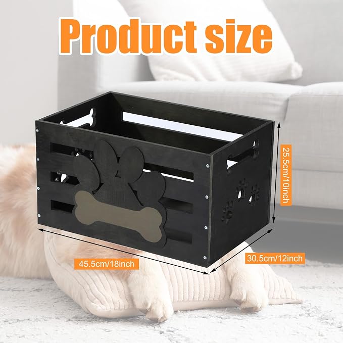 Cinnvoice Large Dog Toy Basket Wood Dog Toy Bin Storage Baskets Box with Handles and Label Position Design Large Organizer with Paw Pattern Print for Pets Toys Food Blankets Clothes 18"x12"x10"