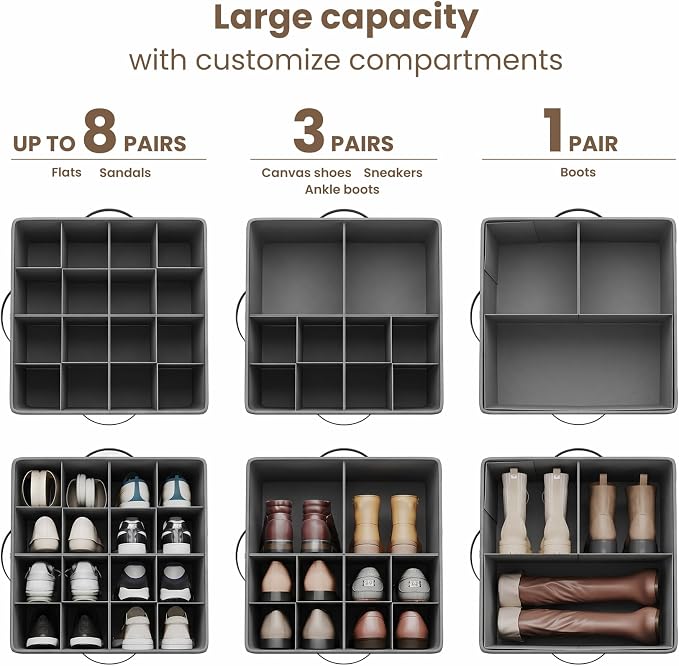 Varhomax Shoe Organizer Box for Closet, Fabric Storage Basket | Foldable Shoe Bin with Adjustable Dividers & Clear Cover, Saving Space Sneakers & Sandals Containers for Entryway, Cubby