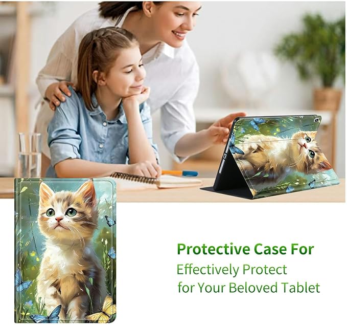 for Samsung Galaxy Tab S6 10.5" 2019 SM-T860/T865/T867 Case | Slim Leather Smart Cover with Multi-Angle Anti-Slip Stand [Auto Wake/Sleep] Shell for Women Men, Lawn Cat Butterfly