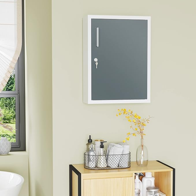 kleankin Bathroom Medicine Cabinet, Lockable, Shelves On Door, White Grey | Shelves Inside, First Aid Bathroom Wall Medical Cabinet