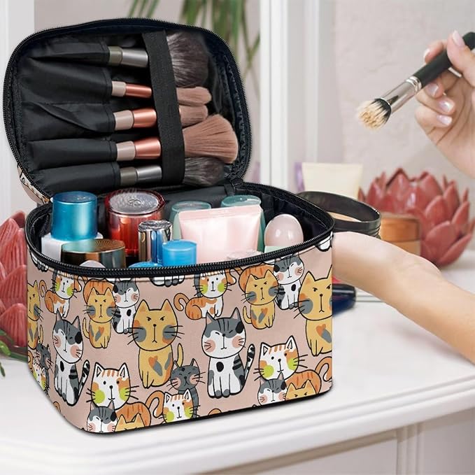 Kawaii Cat Makeup Bag Cosmetic Travel Pouch for Women Large Make Up Bags Portable Cosmetic Storage Bag with Handle Multi-functional Toiletry Bag