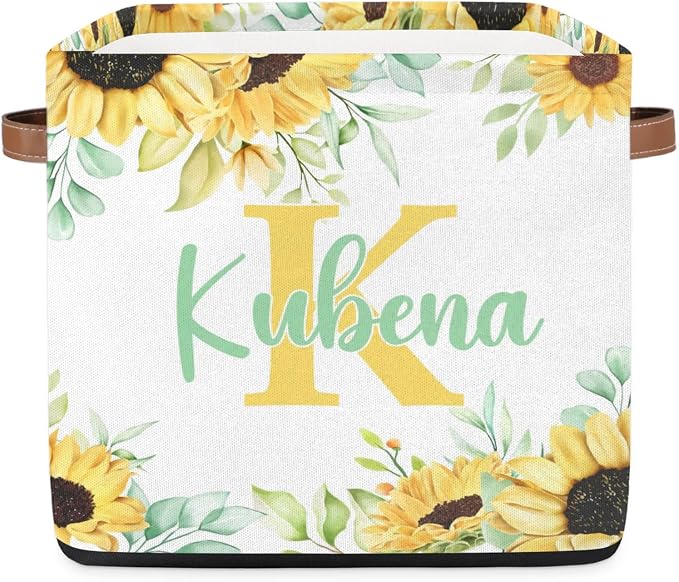 Personalized Name-Initial Sunflower Storage Baskets for Girls Women, Custom Portable Square Storage Bins with Handles Foldable Organizer for Clothes, Toys, Blanket, Towel,Pet 13”