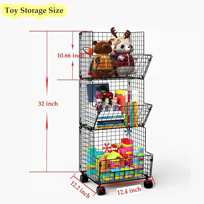Sonyabecca 3 Tier Rolling Toy Organizer Cart with Wheels for Toy Storage | Outdoor toy storage basket and play kitchen organizer. Multi-purpose cart for snacks, books, pet supplies and home storage