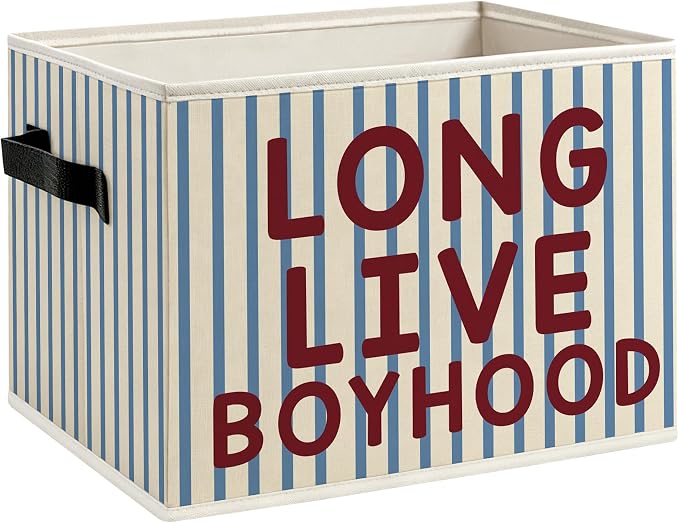 Kids Boys Nursery Foldable Storage Bins Box with Handles, Blue Striped Long Live Boyhood Decorative Storage Boxes Baskets Toybox Organizer for Kids Boys Nursery Room Bedroom Playroom