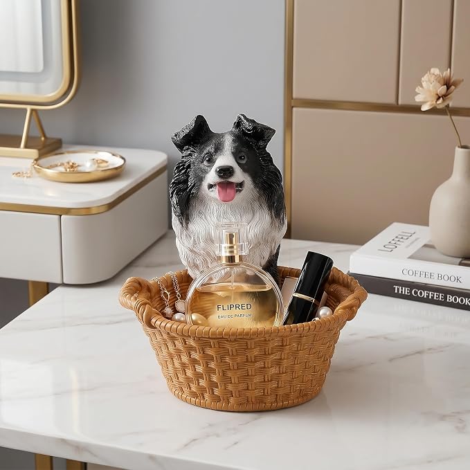 Cute Border Collie Candy Bowl, Resin Dog Figurine Key Bowl for Entryway Table, Desktop Storage Basket Organizer for Desk, Unique Dog Lover Gift