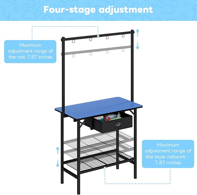 32-Inch Dog Grooming Table with Drawer & Mesh Tray,Adjustable Pet Grooming Table with Non-Slip Removable Washable Mat & EVA Protective Lanyard, Professional Grooming Table for Small Dog at Home（Blue）