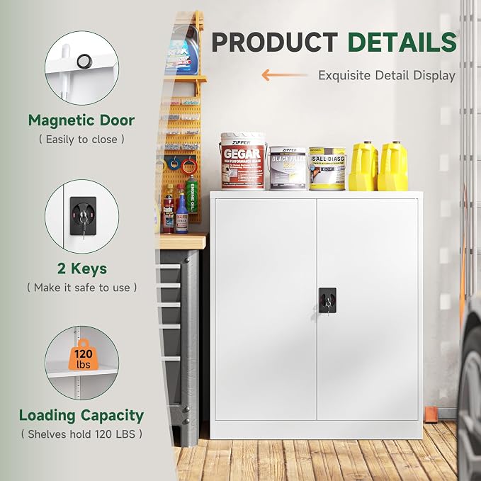 Metal Storage Cabinets with Lock Door,2 Adjustable Shelves Organizer Steel Storage Cabinets for Home,Office,Warehouse,Garage,Employee Lockers(White)
