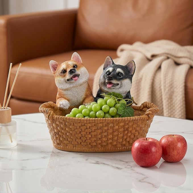 Resin Double Shiba Inu Desktop Storage Basket, Decorative Catchall Bowl & Key Tray for Entryway Table, Cute Dog Statue Organizer, Pet Lover Gift
