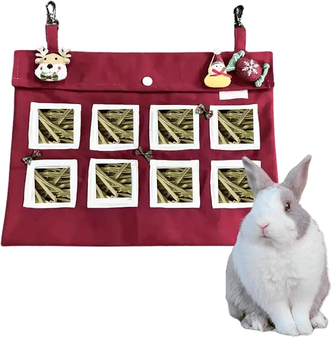 Rabbit Hay Feeder Bag with Cute Pendant, Storage Guinea Pig Feeder Rack Bag, Large Capacity Cotton Canvas Hanging Bag for Bunnies Chinchillas Guinea Pigs (Red,XL)