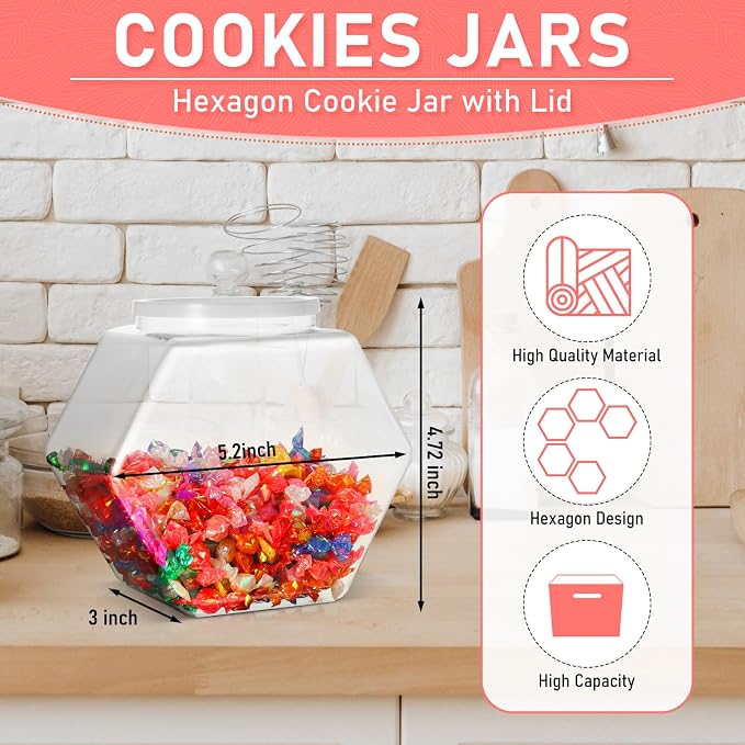 EBOOT 4 Pcs 29 oz Plastic Candy Cookie Jars for Kitchen Counter Hexagon Cookie Jar with Lid Clear Candy Containers Laundry Pod Storage Container Dry Food for Buffet Dog Treats Craft