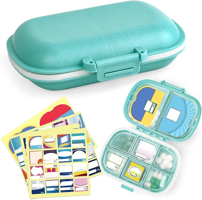 1Pack Travel Pill Organizer & 56 Medicine Name Stickers, Blue | [8 Compartments Portable Pill Case] [Small Pill Box for Pocket Purse Portable Medicine Vitamin Container]