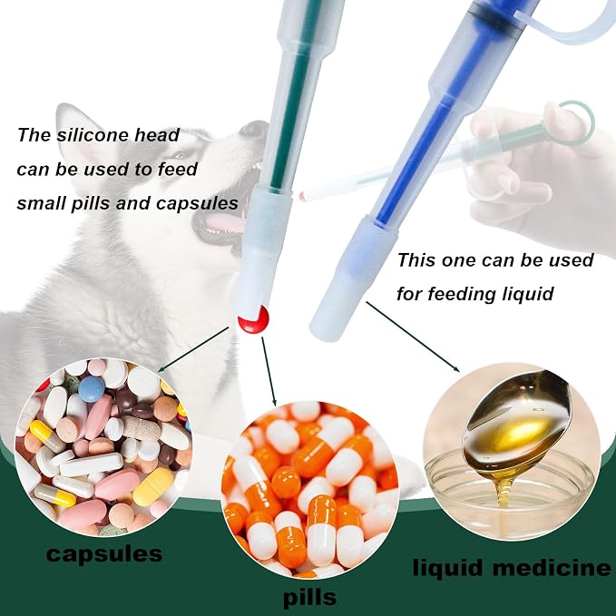 4PCS Pet Pill Feeders Tool Accessories for Cats and Dogs, Pill Plunger Popper for Small Animals, Soft Tip Medicine Dispenser with Syringe Pusher (Blue, Green)