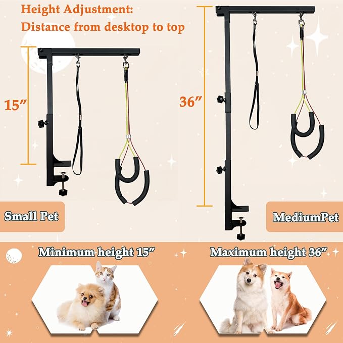 Dog Grooming Arm with Pet Grooming Hammock, 36” Dog Grooming Table Arm Height Adjustable Two No Sit Haunch Holder Three Section Design Suitable for Medium, Small Dogs, and Cats