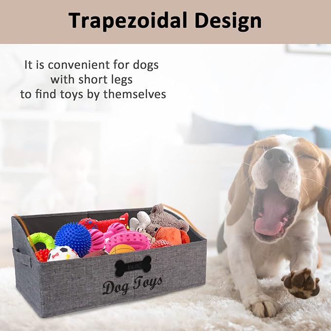Large Dog Toy Basket Collapsible Dogs Toy Box Fabric Trapezoid Dog Toys Bin Storage for organizing pet Toys/Blankets/leashes/Rope Toys/Clothing-Can be Personalized-Gray
