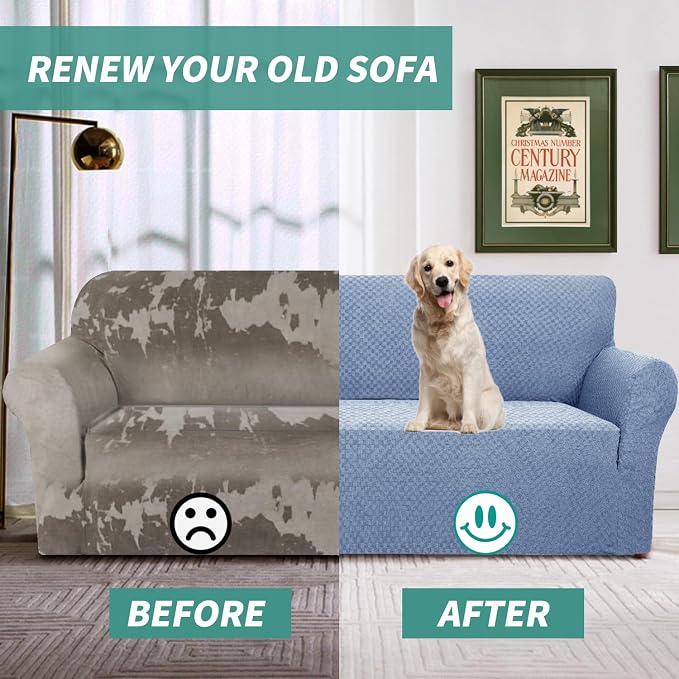 YEMYHOM Couch Cover Latest Jacquard Design High Stretch Sofa Covers for 3 Cushion Couch, Pet Dog Cat Proof Slipcover Non Slip Magic Elastic Furniture Protector (Large, Light Blue)
