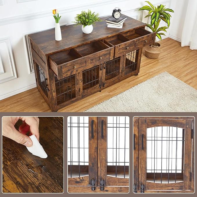 2 Dog Crate Furniture for Large Breeds,Large Dog Kennel Furniture TV Stand,58" Wooden Dog Kennel End Table with Drawers,Double Dog House with Divider