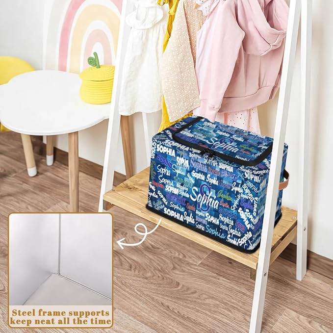 Personalized Storage Basket with Name, Rectangle Toys Storage Bin with Handles Zipper Lid for Boys, Blue Geometrics Pattern Collapsible Basket for Clothes, Books