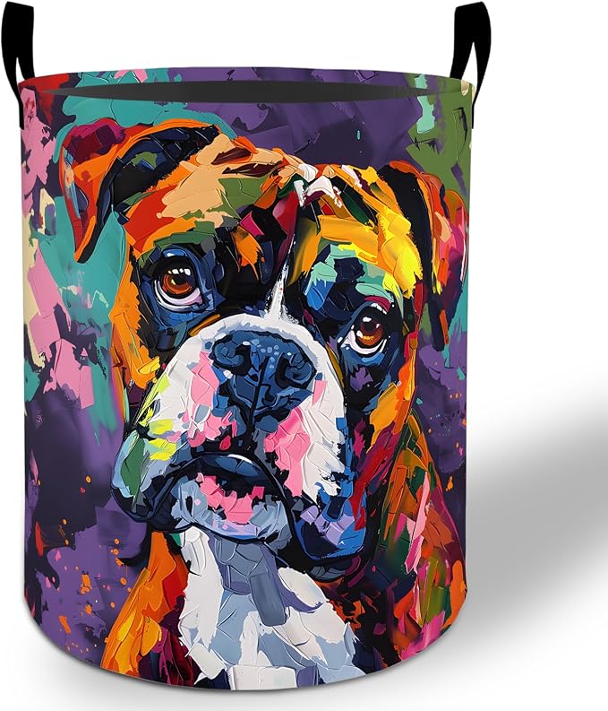 Boxer Dog Laundry Basket Hamper 19.7"x15.8", Colorful Pet Foldable Waterproof Oxford Clothes Storage Bucket for Room Bathroom Bedroom Nursery Decor, Toy Organizer Bins Gifts for Kids Boys Girls