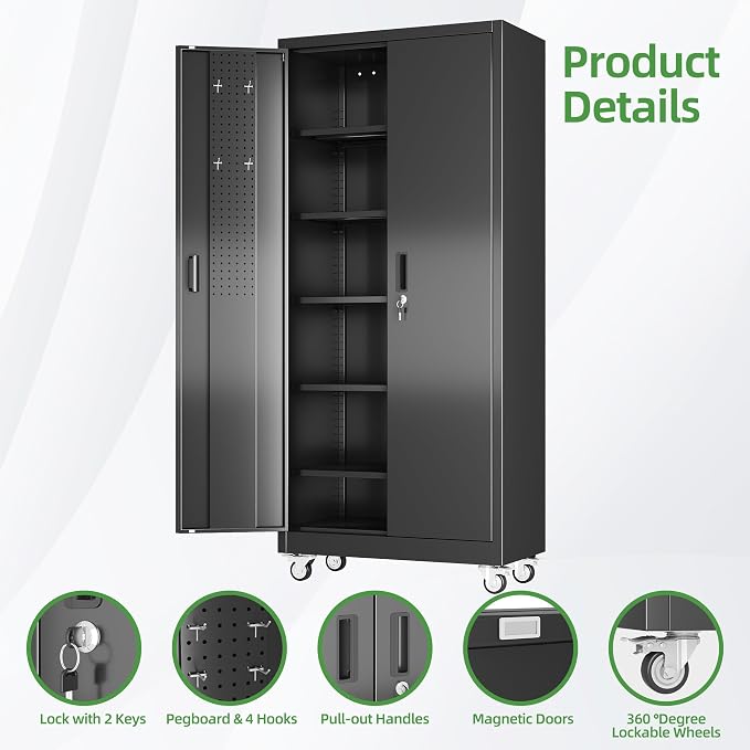Reemoon Metal Garage Storage Cabinet with Wheels and Pegboard, 71" H, Black | 5 adjustable 170 lb shelves, lockable doors, door pegboard and 4 removable casters for garage, workshop and utility storage.