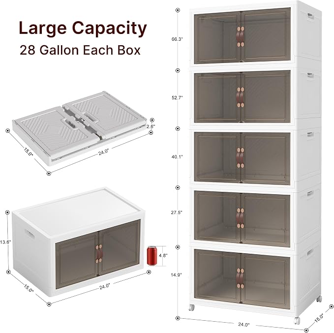 Stackable Storage Bins with Lids, 550QT Lockable Storage Cabinet | Closet Organizers, Foldable Storage Box with Doors and Wheels, Plastic Drawers for Home, Garage, Office (5, White, Plus)