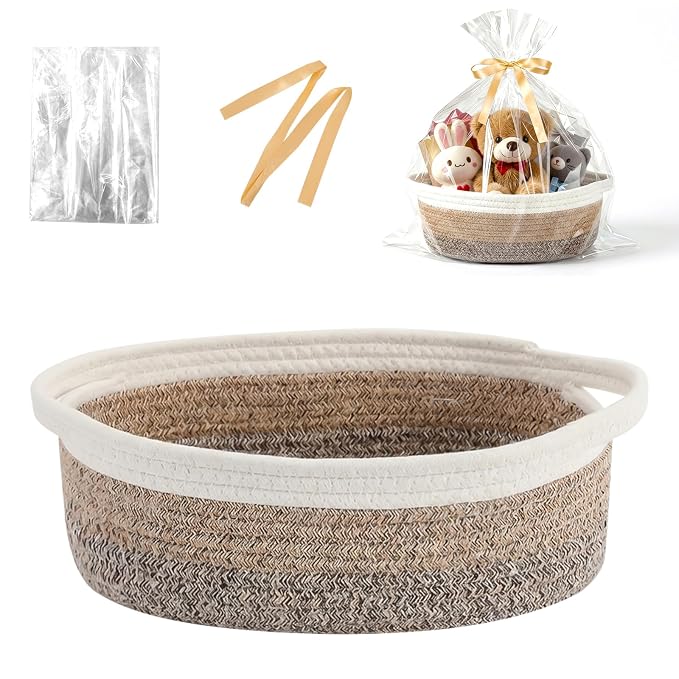 Basket for Gifts Empty, Small Woven Basket with Bags and Ribbons, Baby Toy Baskets with Handles, Wicker Storage Bin for Baby Showers or Pet Toy (White-Brown Gradient, 1 Pack (12"x 8"x 3.74"))