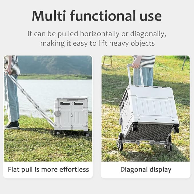 Collapsible Shopping Box Trolley on Wheels with Lid,75L Large Capacity Folding Portable Rolling Crate Handcart with Telescopic Handle for Camping (Evil Shake Fleece,Medium Four Wheel)