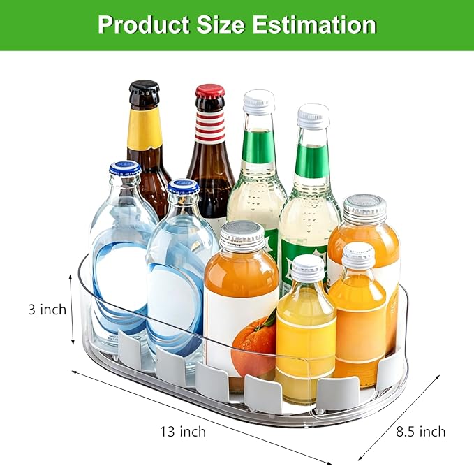 Lazy Susan 360°Rotating Organizer for Refrigerator,13.5“ x 8.5”,Drink Organizer for Fridge,Cabinet, Pantry,or Kitchen Countertop,Organize Condiments, Cans, Beverages,Clear+White,1 Pack