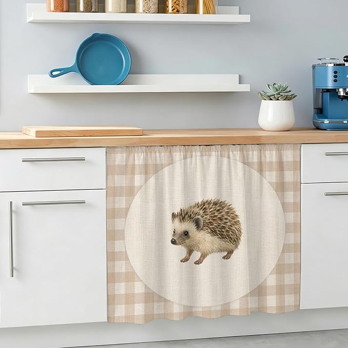 Hedgehog Oven Skirt Curtain for Kitchen Decor 28"x35", Vintage Farmhouse Linen Plaid Rustic Animal Self Adhesive Stove Curtains Skirt Cabinet Curtains for Bathroom Laundry Room