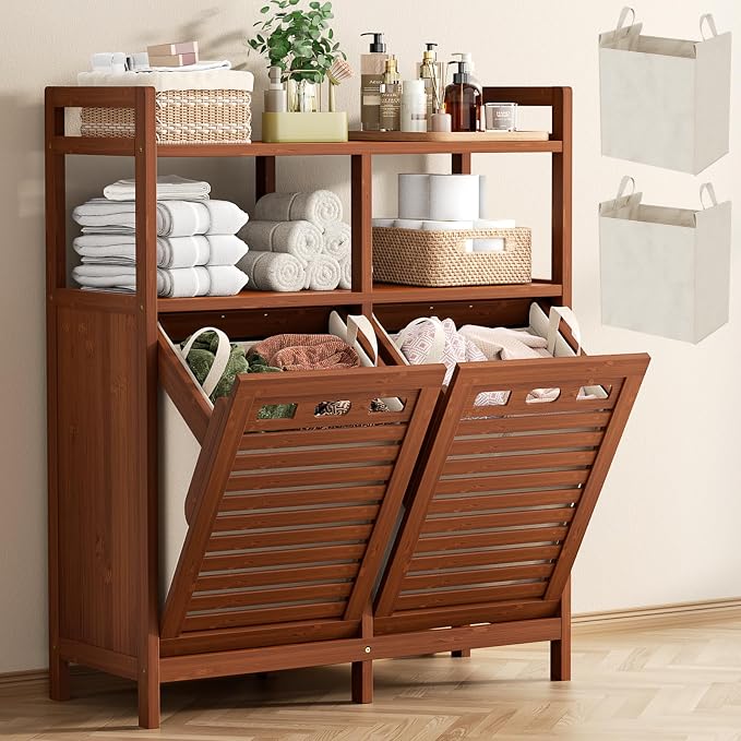Homykic Tilt Out Laundry Hamper Cabinet, Bamboo Laundry Organizer, Walnut | 20 Gal Laundry Sorter with 2 Removable Liner Bags, Hidden Clothes Hamper with Shelf for Laundry Room, Bathroom, Closet
